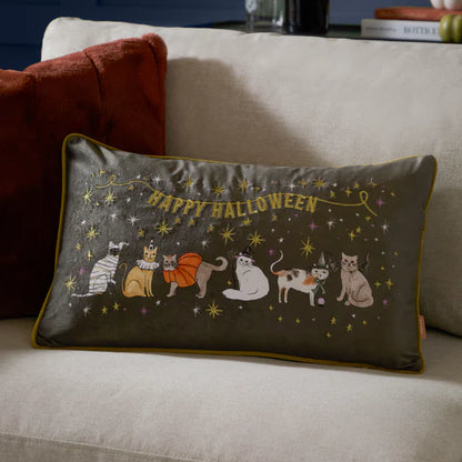 Riva Home Halloween Pawty Embroidered Velvet Cushion Multicolour