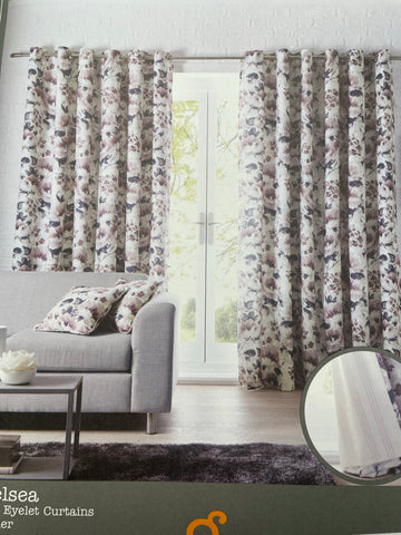 Studio G Chelsea Lined Eyelet Curtains Heather Ready Made