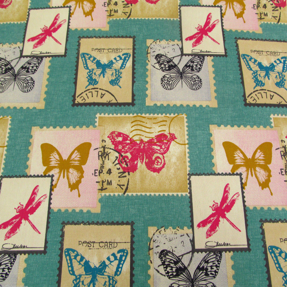 Postage Curtain Fabric Aqua