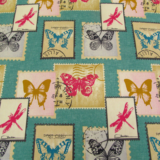 Postage Curtain Fabric Aqua