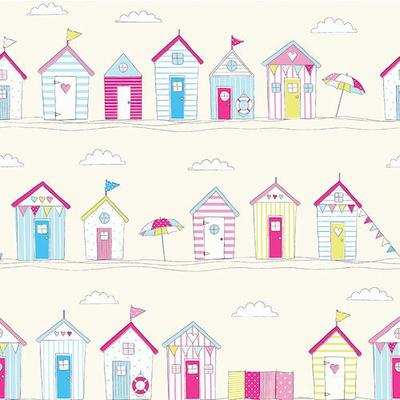 Fryetts Beach Huts Curtain Fabric Pink