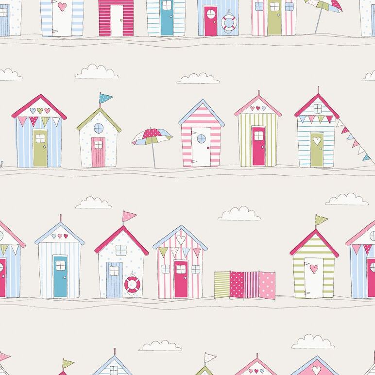 Fryetts Beach Huts Curtain Fabric Pink