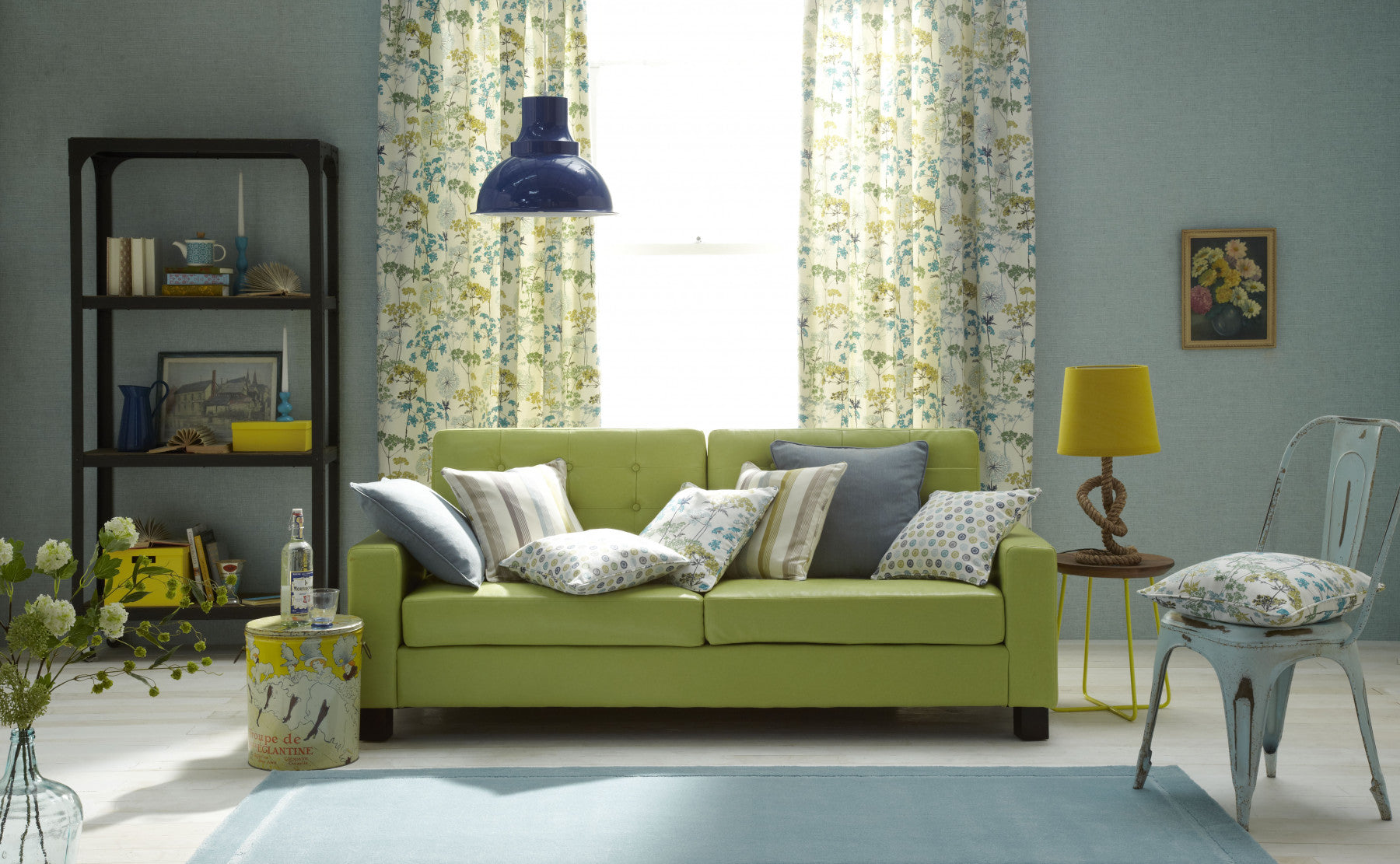 Fresh-looking living room with sofa and curtains made from I